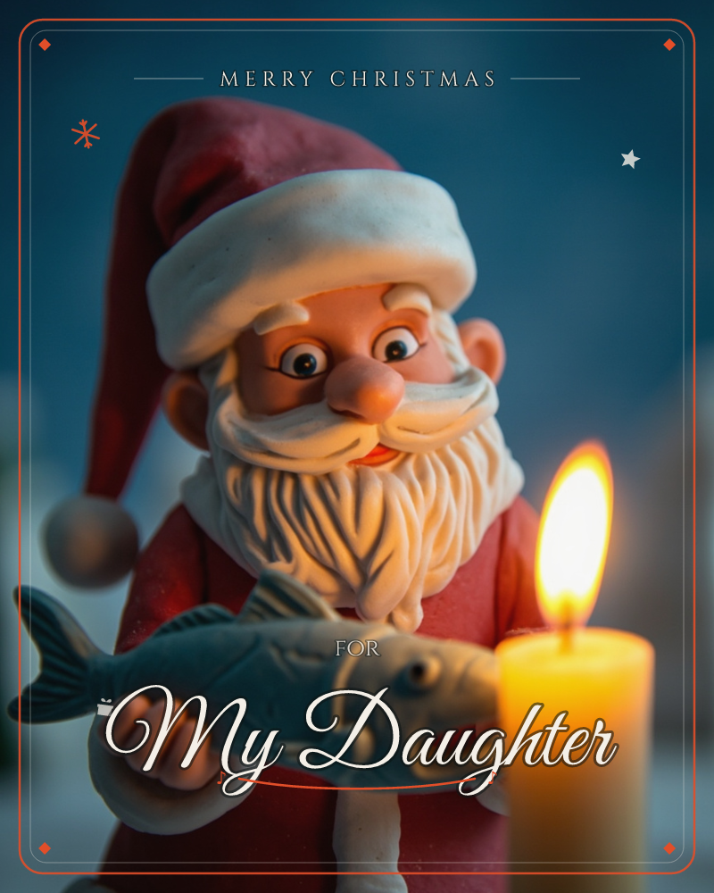 A claymation-style Santa figure holds up a wide-eyed toy fish beside a lit candle, its warm flicker catching his white beard and rosy cheeks against a…, a christmas e-card design