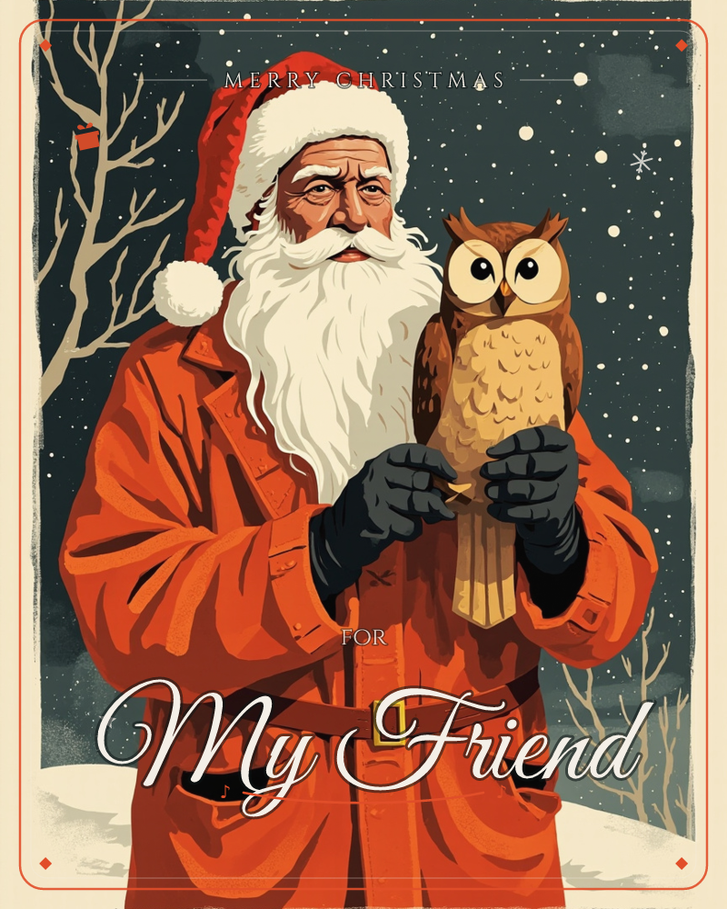 A man dressed as Santa Claus stands against a snowy, star-flecked night sky, his thick white beard and red hat framed by bare winter branches, a christmas e-card design