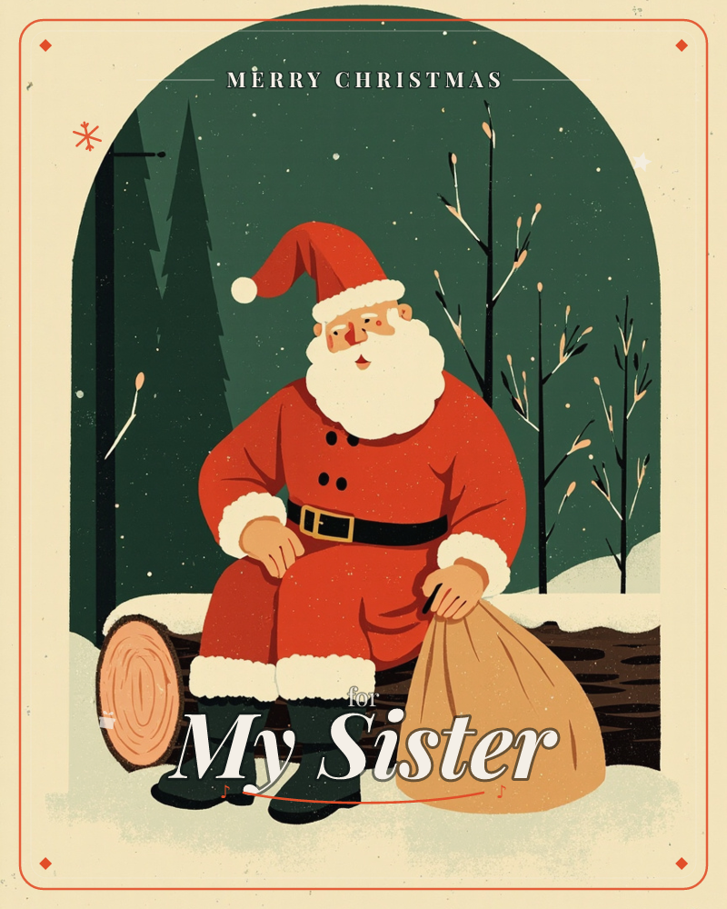 Santa Claus sits resting on a cut log in a snowy forest clearing, his tan sack of gifts propped beside him, framed within an arched window against a…, a christmas e-card design