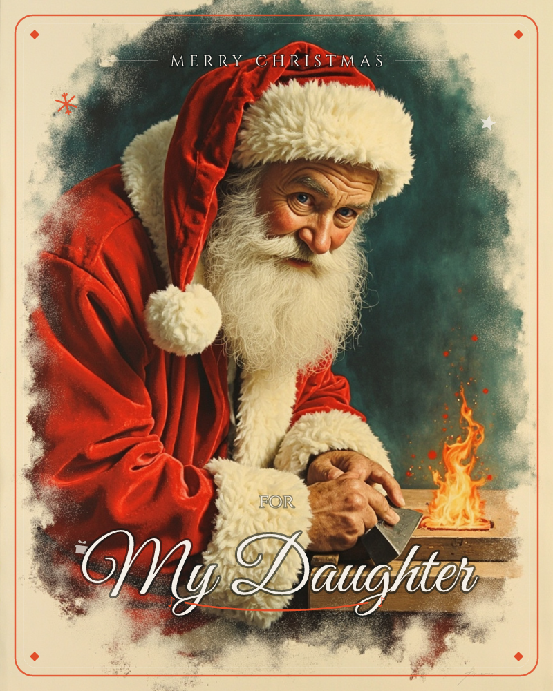 A close-up portrait of Santa in his red fur-trimmed suit and cap, leaning over a small workbench where a bright flame flickers on a metal tool, a christmas e-card design