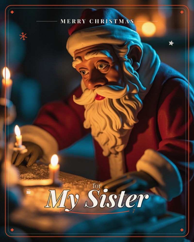 A Santa figurine leans over a snow-dusted ledge lit by small flickering candles, his white beard and red coat glowing warm against the deep blue…, a christmas e-card design