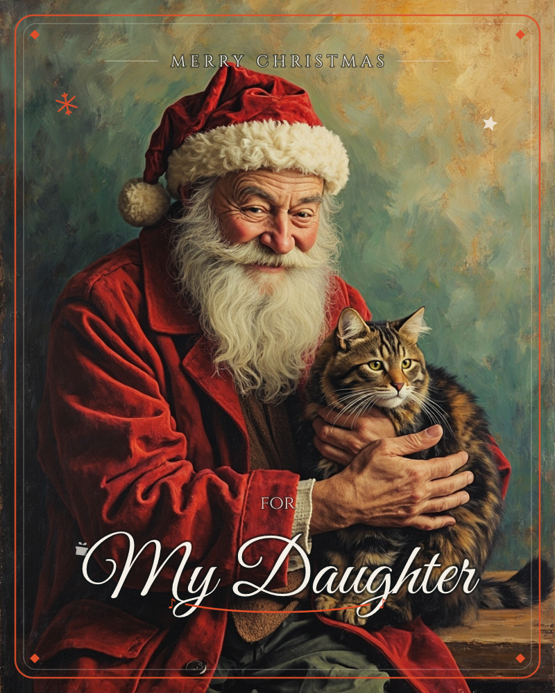 An oil-painted portrait shows a white-bearded man in a red Santa hat and velvet coat, cradling a striped tabby cat in his arms against a mottled teal…, a christmas e-card design