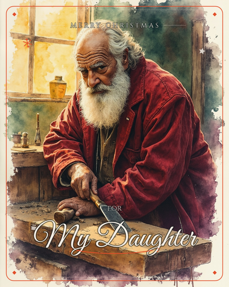 An elderly man with a long white beard leans over a wooden workbench in his workshop, carefully carving a piece of wood with a knife, a christmas e-card design
