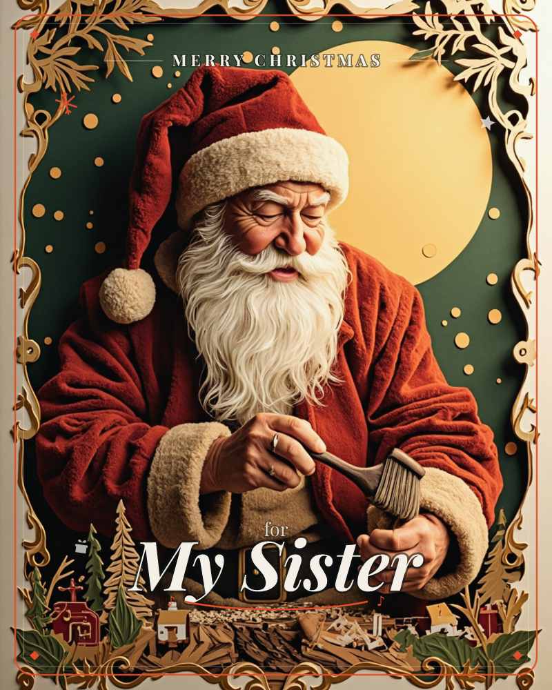 A richly bearded Santa in a plush red coat leans over his workbench, carving wooden pieces with a small brush and tool, gold dots and a full moon…, a christmas e-card design