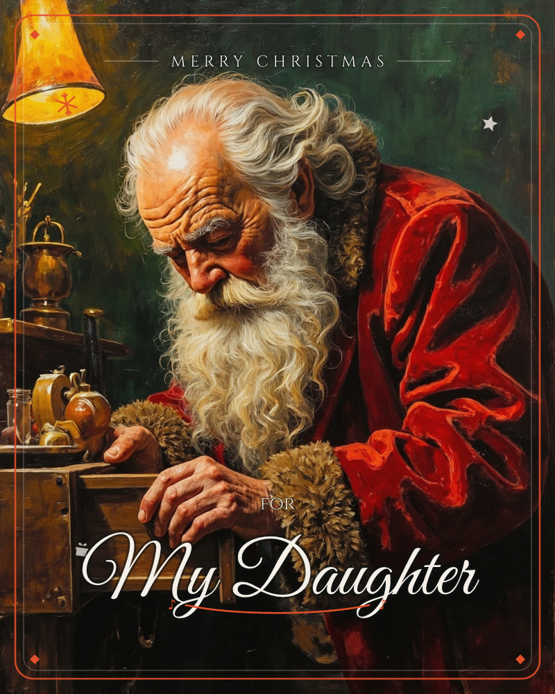 An old man with a long white beard leans over a wooden workbench cluttered with small brass tools and jars, his red fur-trimmed coat catching the warm…, a christmas e-card design