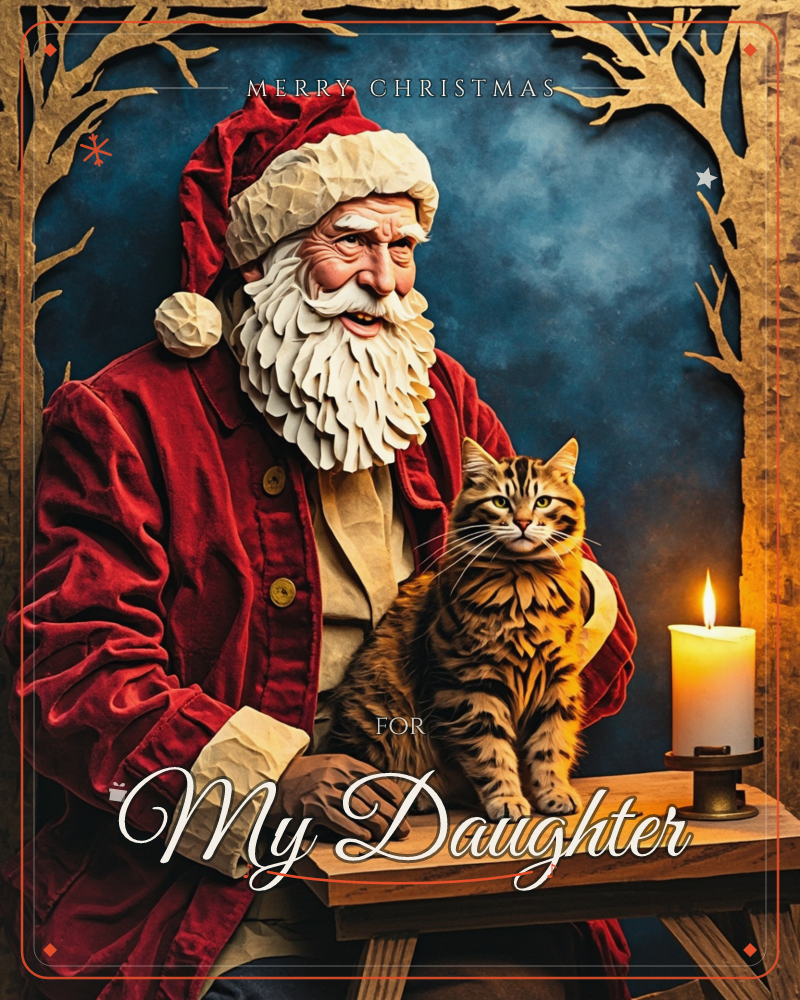 Santa Claus in a red velvet coat leans over a wooden table where an orange tabby cat sits beside a lit candle, framed by bare branch-like borders…, a christmas e-card design