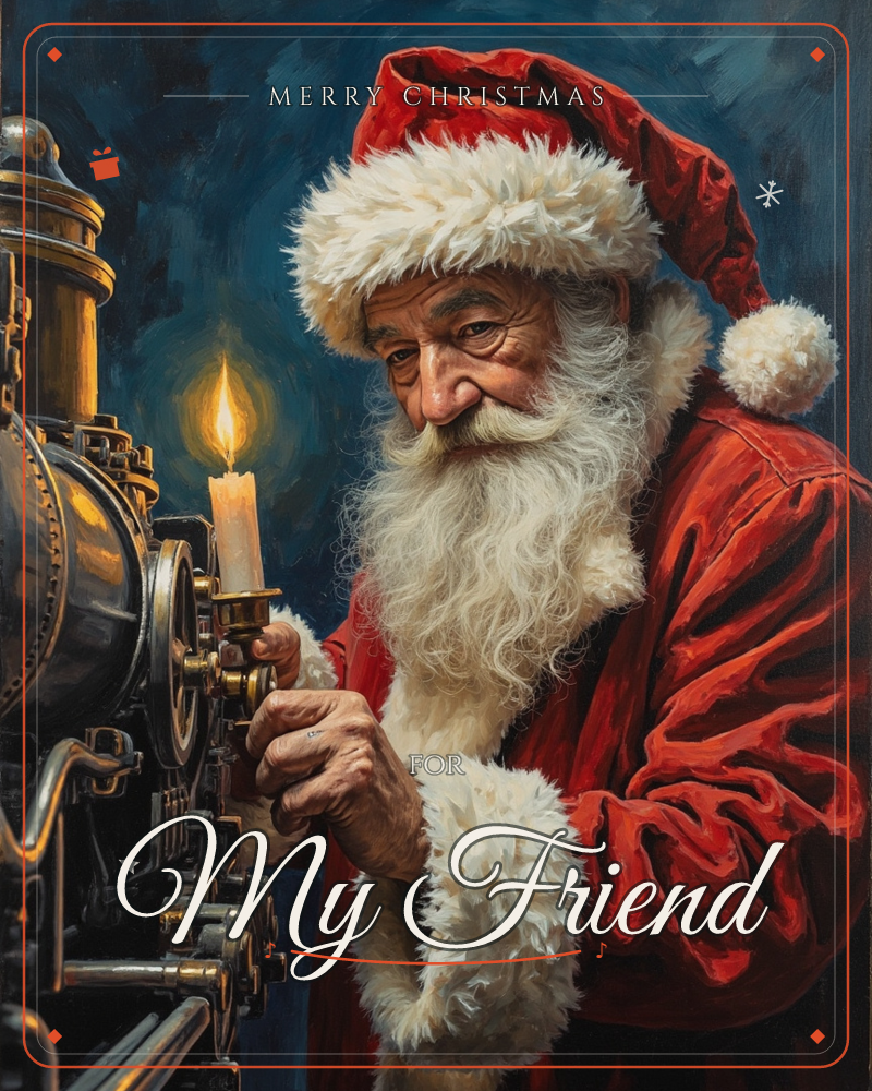 A painterly close-up shows Santa in his red fur-trimmed coat and hat, leaning over an old brass and iron machine, a single candle flame lighting his…, a christmas e-card design