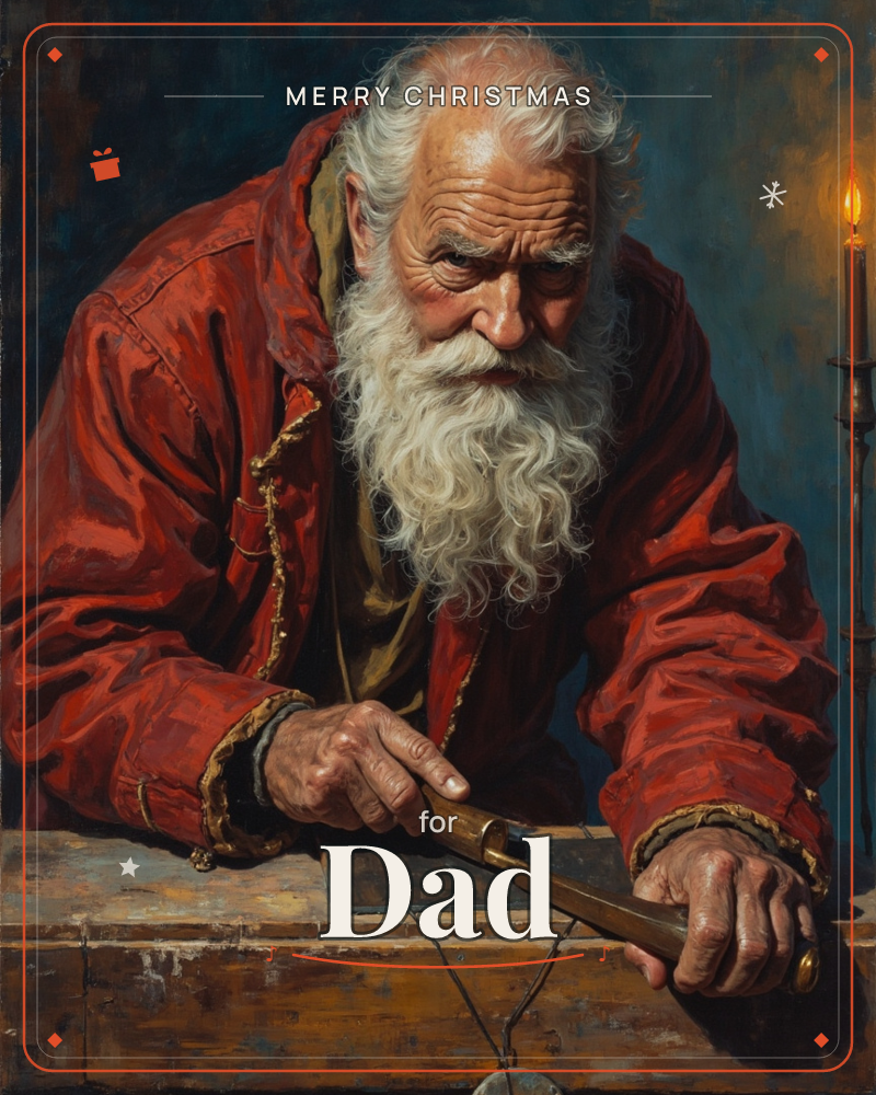 An elderly bearded man in a heavy red coat leans over a wooden workbench, gripping a tool with both weathered hands as he works by candlelight, a christmas e-card design