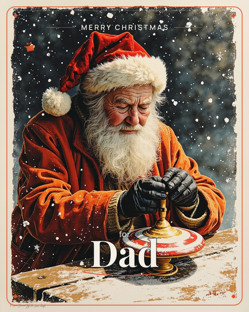 Santa leans over a wooden workbench, carefully winding a red-and-gold spinning top with black-gloved hands, his fur-trimmed cap and thick white beard…, a christmas e-card design