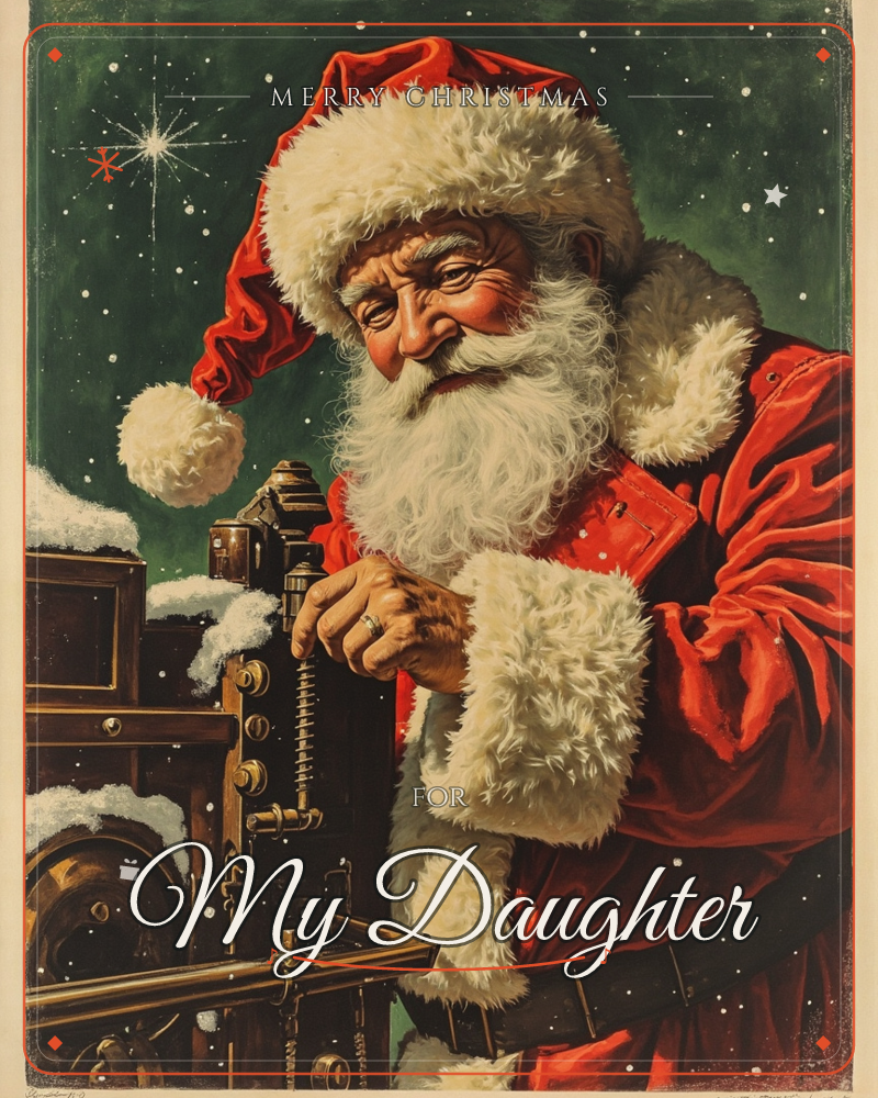 Santa Claus leans over an old brass camera on a wooden tripod, one hand resting on its crank as if about to snap a photo, snow dusting the machine's edges, a christmas e-card design