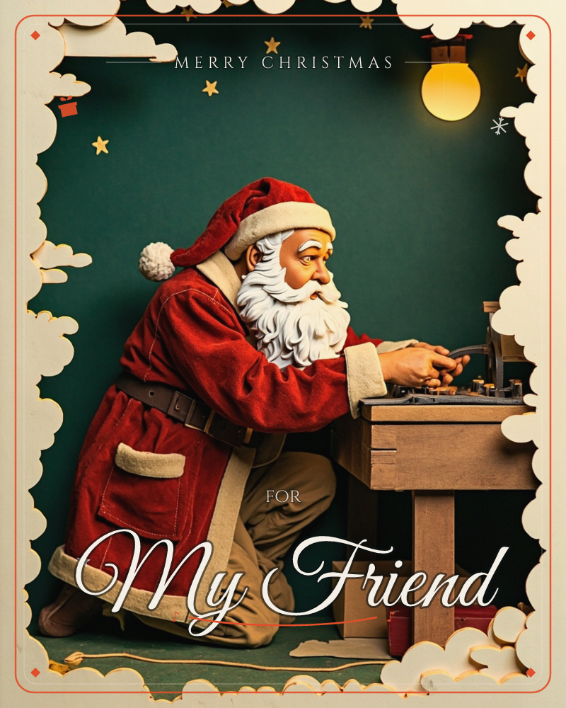 Santa kneels at a small wooden workbench in his workshop, carefully tinkering with a mechanical toy under the glow of a single hanging bulb, a christmas e-card design