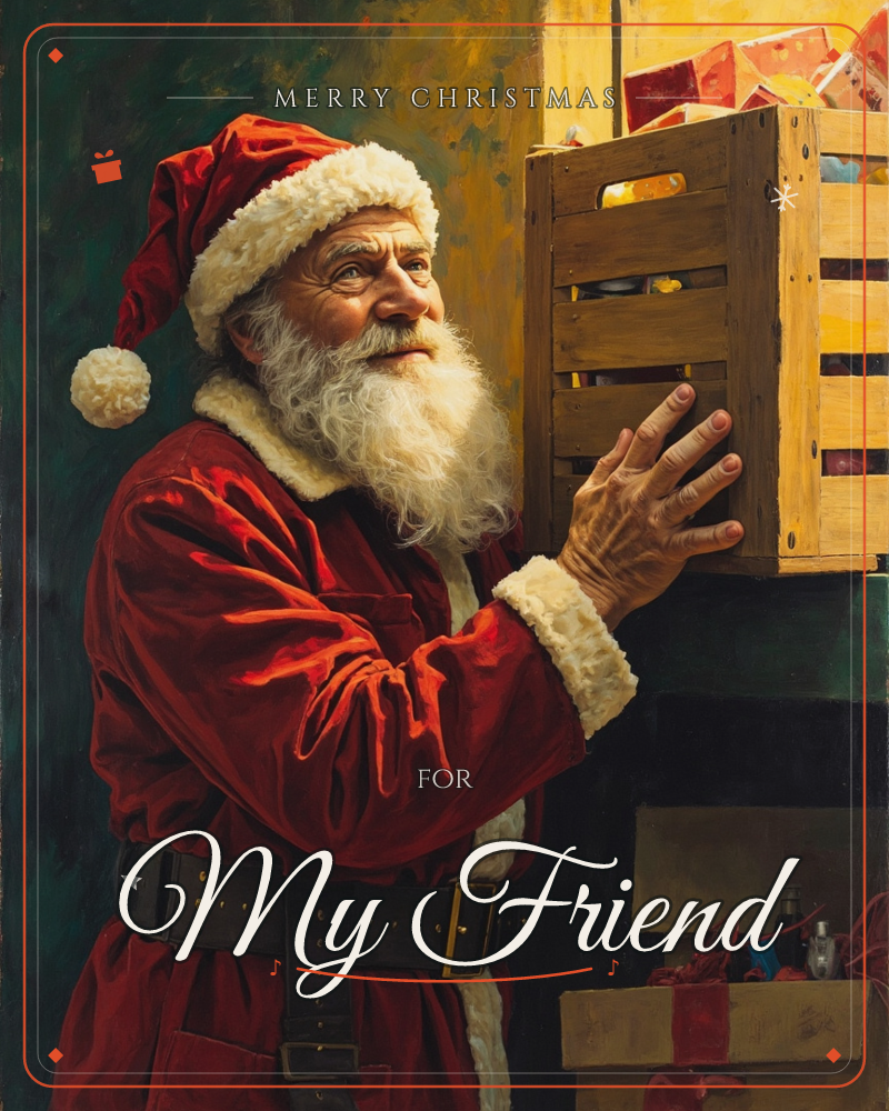 A painterly portrait of Santa Claus in his red velvet coat and fur-trimmed cap, reaching up to steady a wooden crate stacked with wrapped gifts, a christmas e-card design