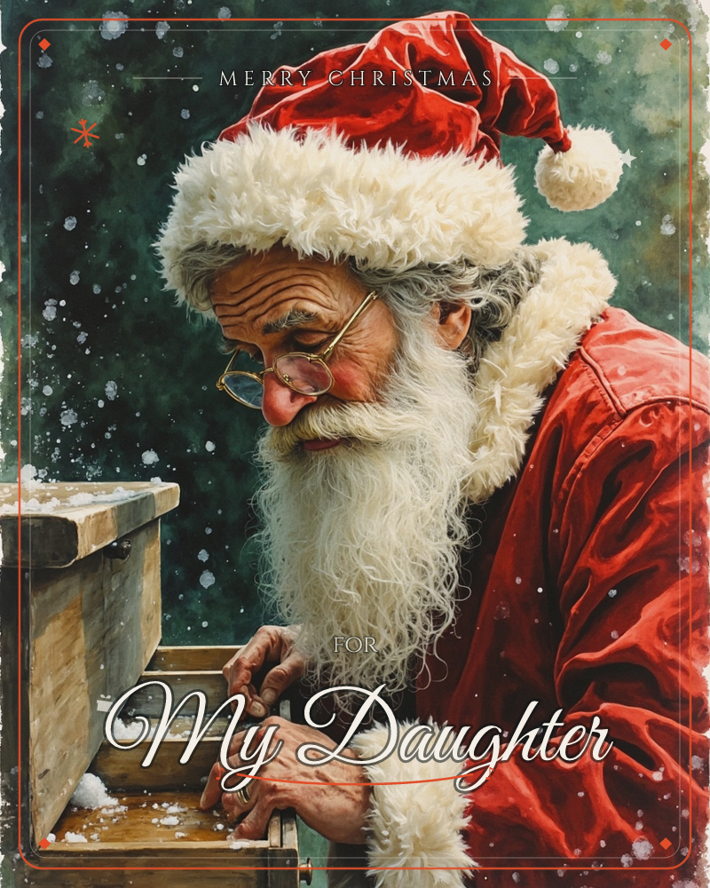 A close-up portrait shows Santa Claus in profile, his round wire-rimmed glasses catching the light as he peers down into an old wooden crate he's…, a christmas e-card design