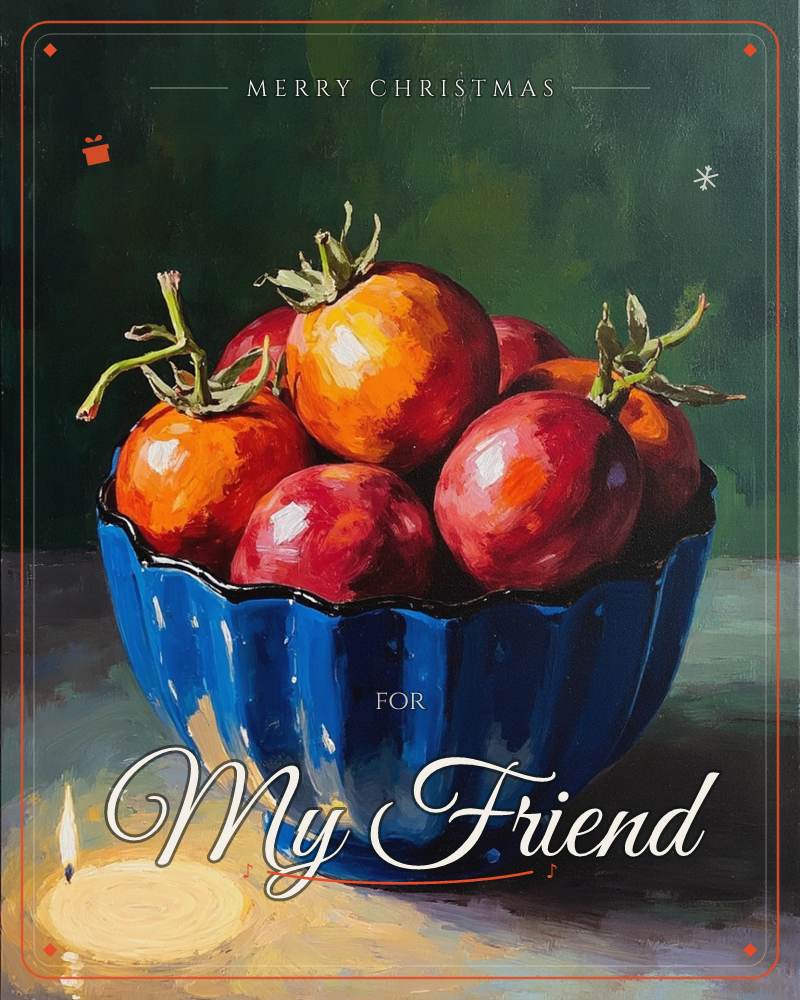 A fluted blue ceramic bowl holds a heap of glossy red and orange tomatoes still bearing their green stems, set against a deep green painterly backdrop, a christmas e-card design