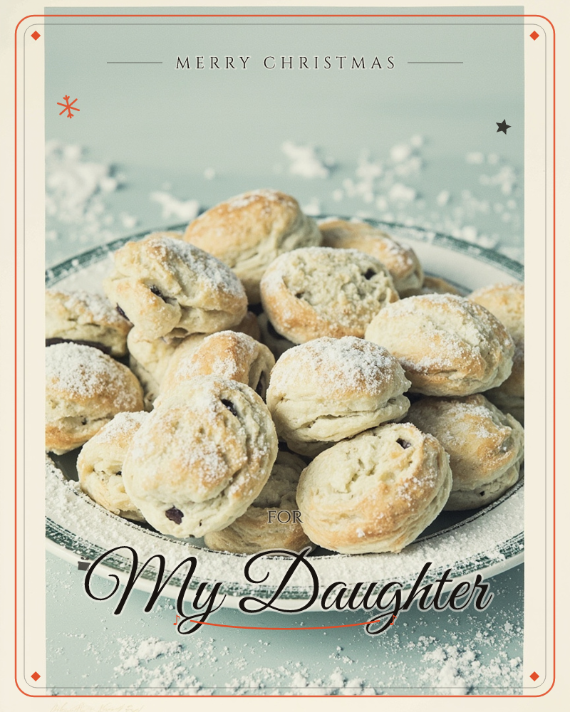 A plate piled high with golden baked pastries, each dusted generously with powdered sugar, sits against a soft pale blue-grey background, a christmas e-card design