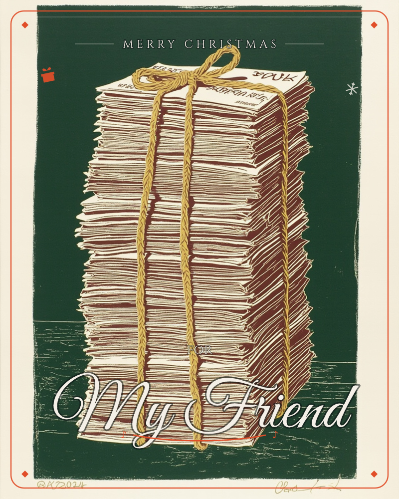 A tall, tightly packed stack of old newspapers or letters sits bundled with thick gold twine tied in a bow on top, set against a deep forest-green…, a christmas e-card design