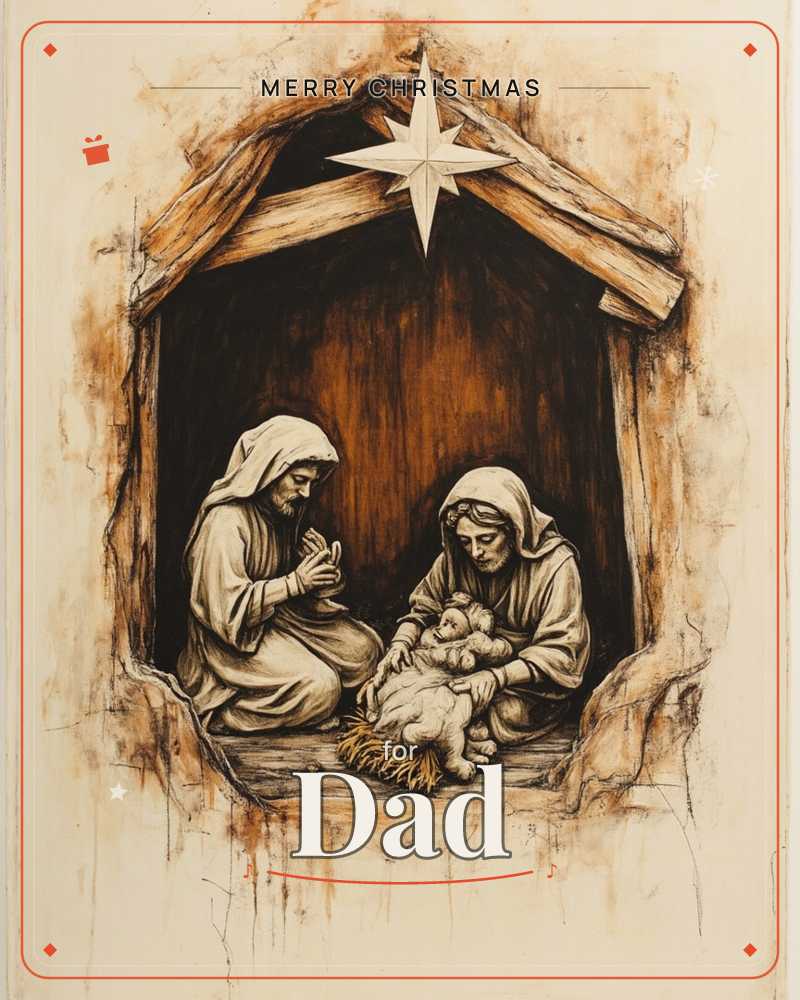 A weathered wooden stable frames a nativity scene rendered in sculpted, sepia-toned relief, with a man and a woman kneeling on either side of a…, a christmas e-card design