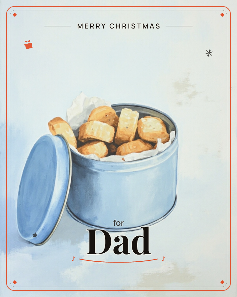A pale blue tin sits open with its lid propped against its side, filled with an assortment of golden butter biscuits nestled in crinkled white paper, a christmas e-card design
