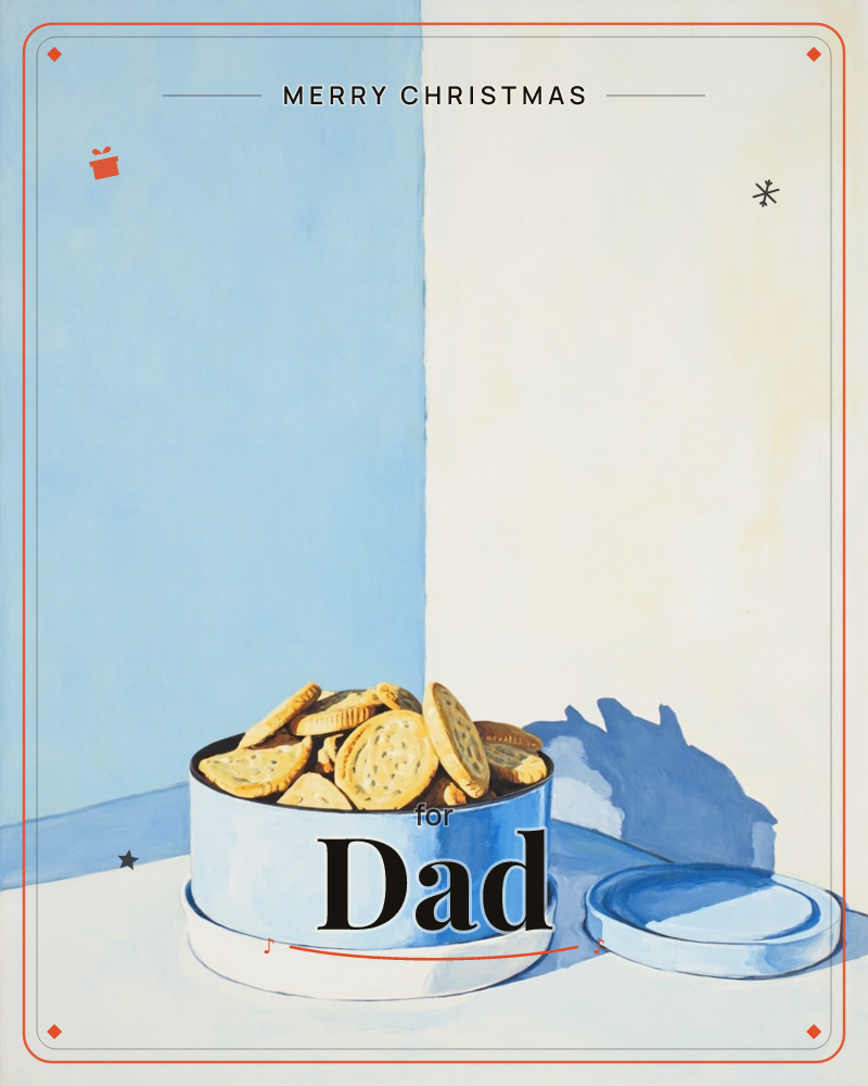 A round pale blue tin sits open on a plain tabletop, filled with an untidy stack of round crackers or biscuits, its lid propped beside it, a christmas e-card design