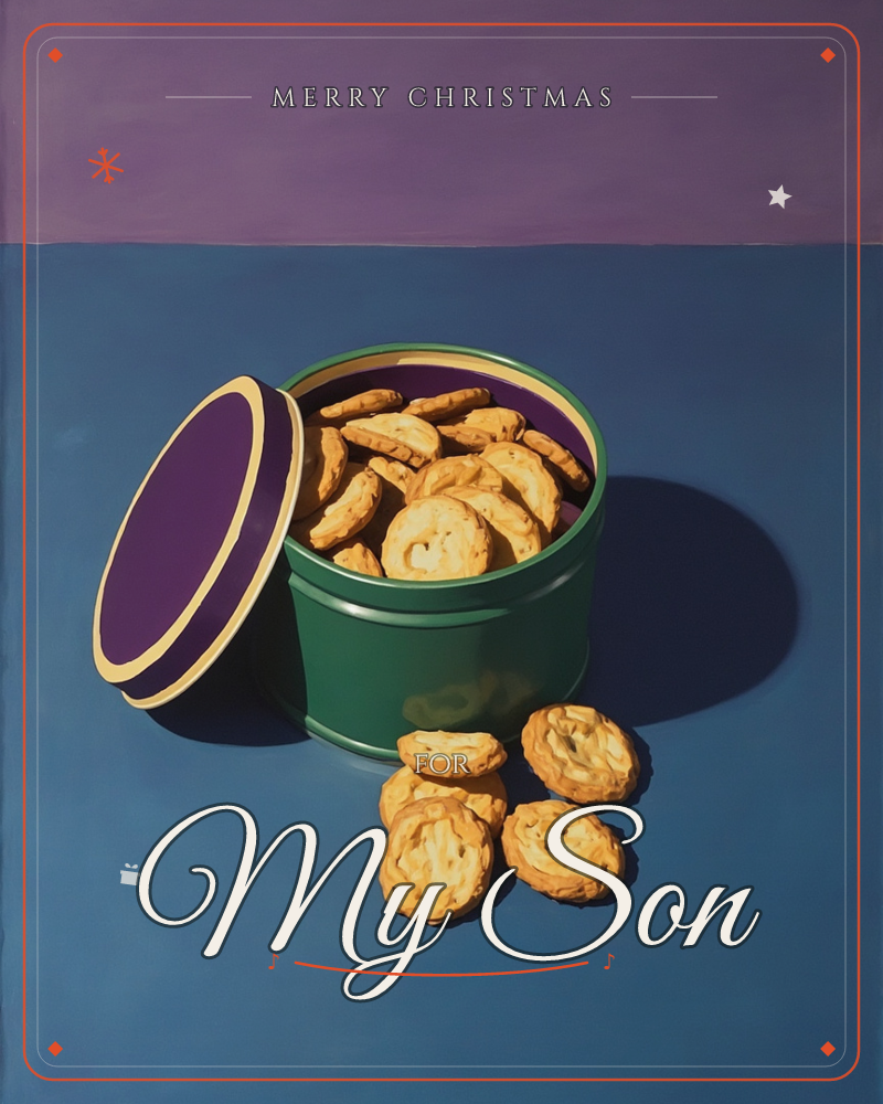 A green tin with a purple and gold lid sits open on a blue tabletop, filled with golden palmier cookies, several more spilling out beside it, a christmas e-card design
