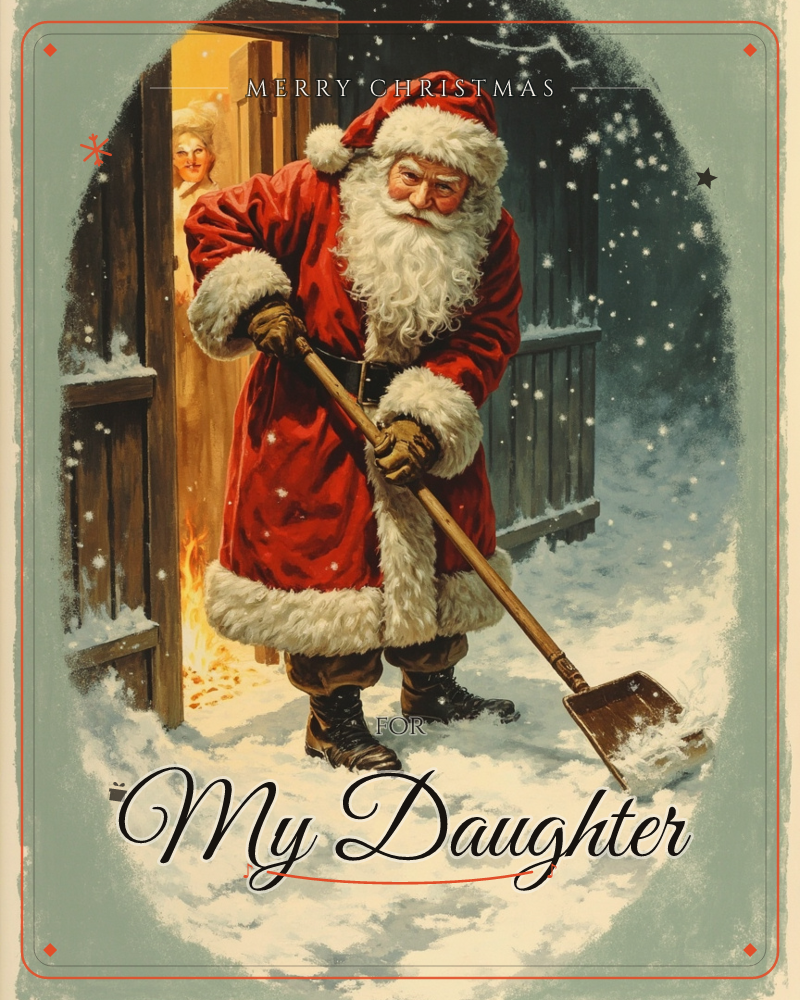 Santa steps out of a warmly lit doorway to shovel fresh snow from the stoop, his red velvet coat and white beard catching the glow of the fire behind…, a christmas e-card design