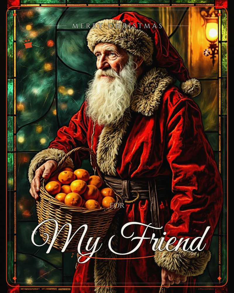 A stained-glass style portrait shows a white-bearded man in a fur-trimmed red robe, carrying a woven basket piled with oranges, a christmas e-card design