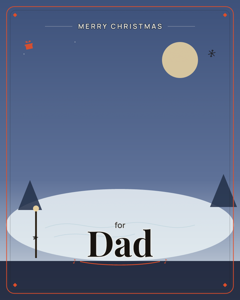 A pale full moon hangs in a deep blue night sky above a smooth mound of snow, flanked by two simple triangular pine trees and a single lamppost glowing…, a christmas e-card design by @DittyCityTeam