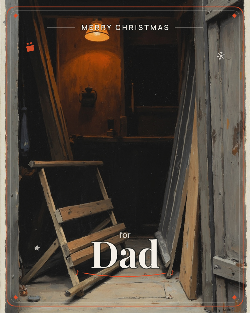 An open wooden door reveals a dim workshop or shed, lit by a single hanging lamp that casts a warm orange glow against the back wall, a christmas e-card design