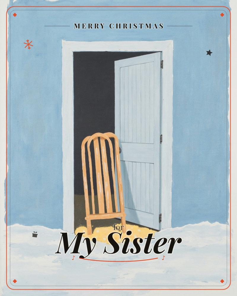 A blue clapboard-style wall holds an open door revealing pitch darkness inside, while a plain wooden chair sits just outside on a patch of golden…, a christmas e-card design