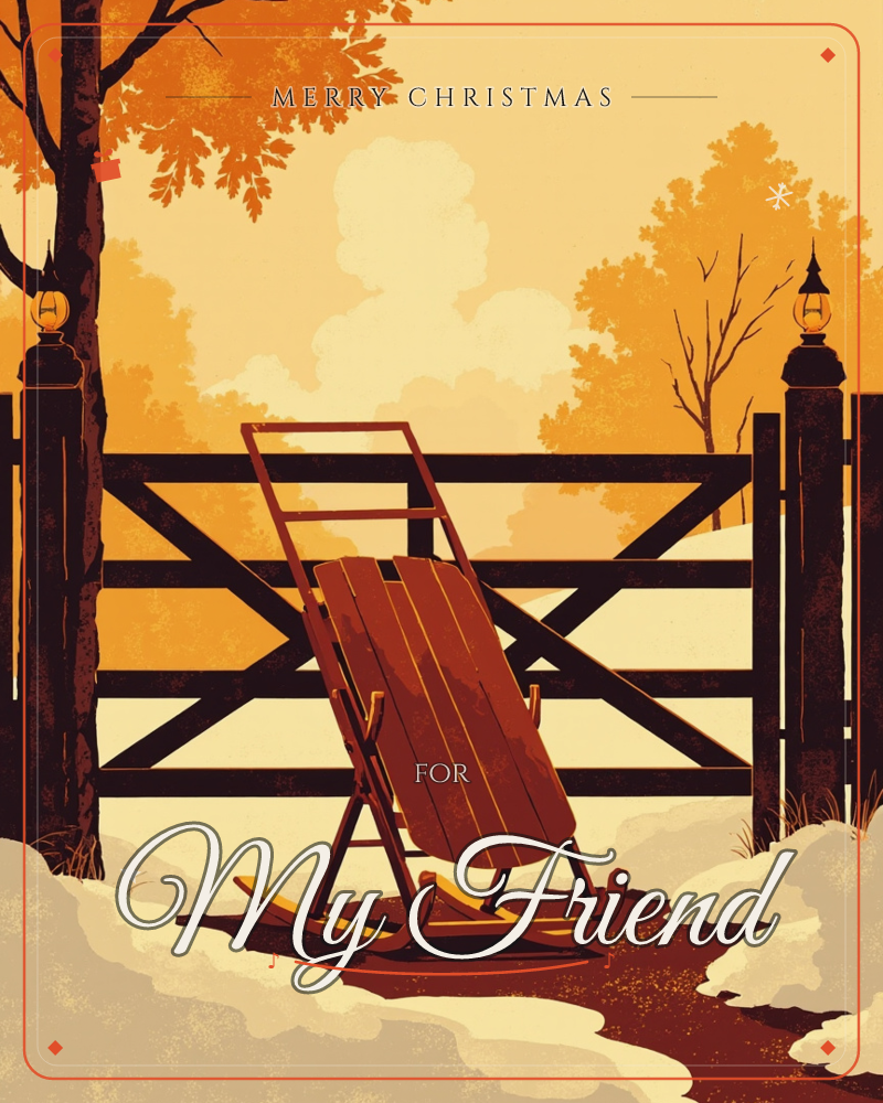 A wooden sled leans against a five-bar farm gate flanked by stone gateposts and old lanterns, with patches of snow melting into bare earth on the path…, a christmas e-card design