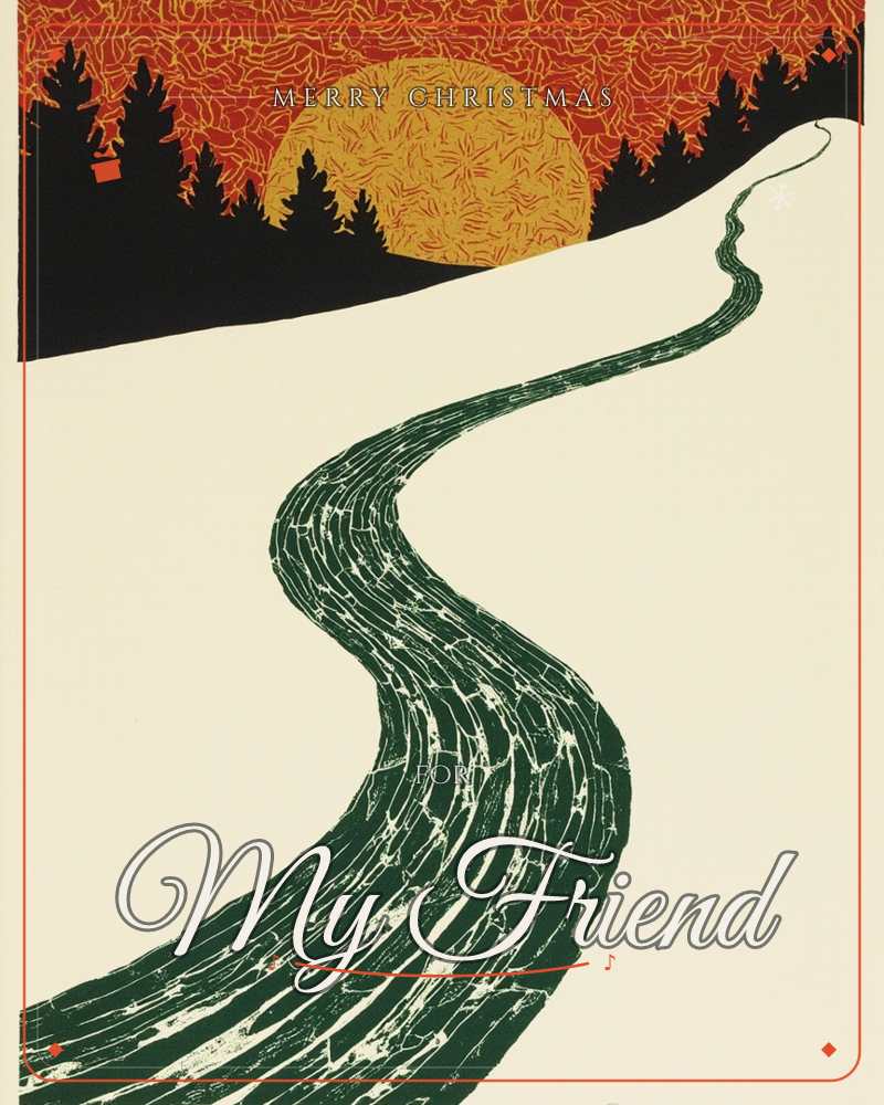 A stylized print shows a dark green river winding down through cream-colored ground, its textured banks curving from a distant black tree-lined horizon…, a christmas e-card design