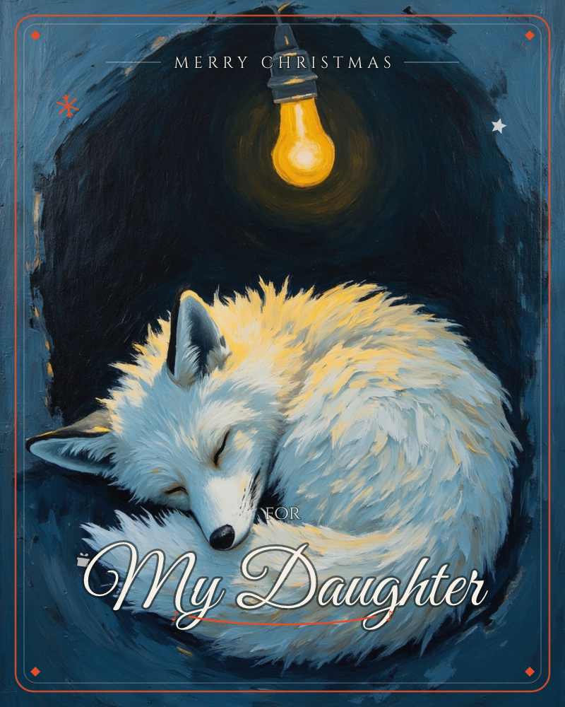 A white fox curls into a tight, sleeping ball beneath a single bare bulb hanging from a cord, its warm glow catching the fur in gold while the rest of…, a christmas e-card design