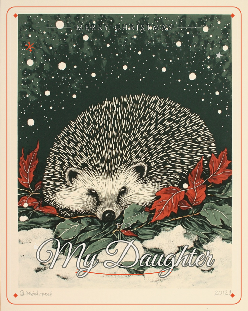 A hedgehog curls up asleep on a bed of holly leaves and snow, its spines rendered in fine white cross-hatching against a deep green night sky scattered…, a christmas e-card design