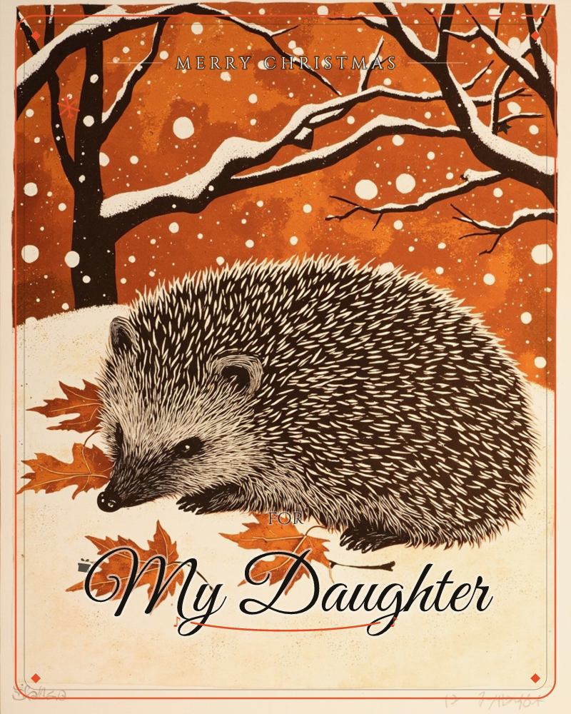 A hedgehog curls low among scattered autumn leaves as snow falls against a burnt-orange sky, bare black-branched trees looming behind it heavy with frost, a christmas e-card design