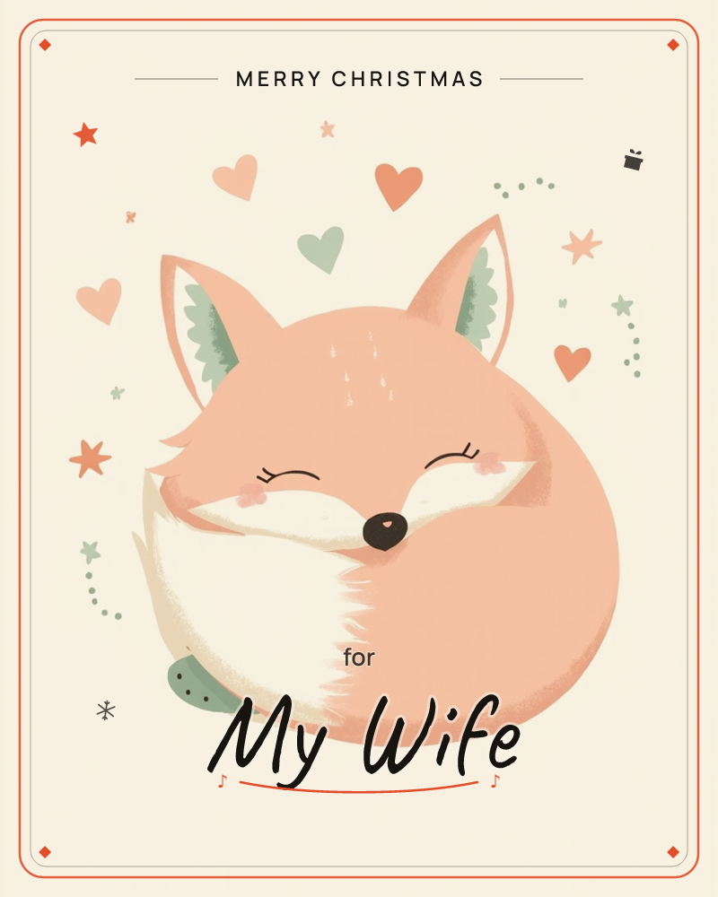 A round, sleepy fox curls into a soft peach ball on a cream background, eyes closed and cheeks blushed pink, its tail tucked beneath its body, a christmas e-card design
