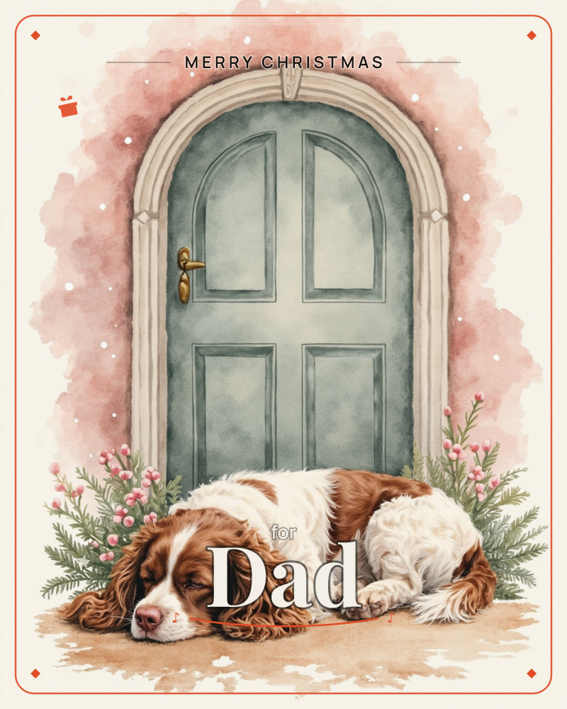 A spaniel with brown and white fur lies curled and sleeping on the doorstep before an arched sage-green door, a christmas e-card design