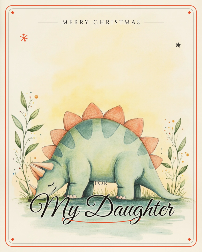 A gentle watercolour dinosaur, part triceratops and part stegosaurus, bends to drink from a still pool bordered by sprigs of leaves and tiny dotted…, a christmas e-card design
