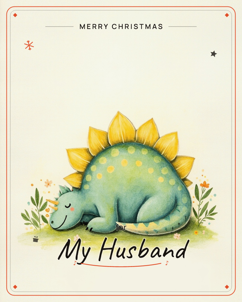 A round, sleepy stegosaurus curls up on a patch of grass, eyes closed and cheeks blushed pink, its back lined with tall golden-yellow plates like sunbeams, a christmas e-card design
