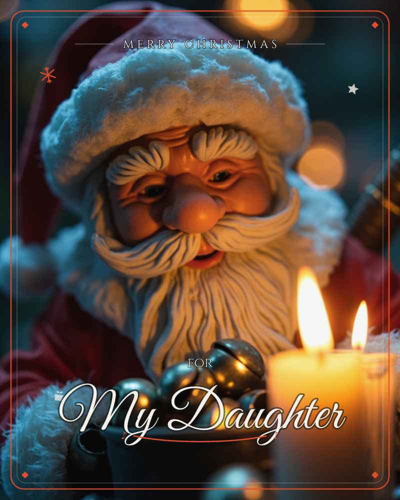 A weathered Santa figurine leans close over a bucket of little silver jingle bells, his painted face glowing warm in candlelight, a christmas e-card design