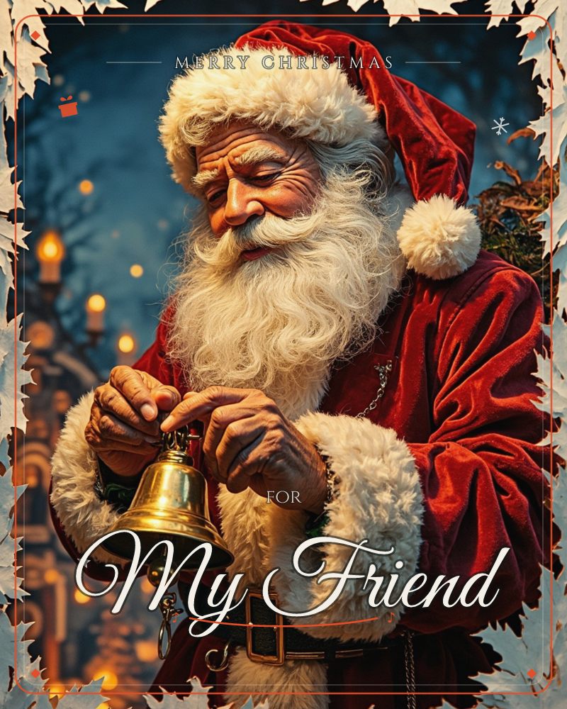 Santa Claus stands close in frame, gently ringing a brass bell held between his weathered hands, his eyes closed in quiet concentration, a christmas e-card design
