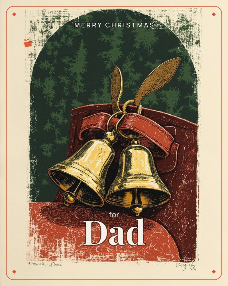 A linocut-style print shows two brass sleigh bells hanging from a worn leather strap, set against a textured arch of dark green pine boughs, a christmas e-card design
