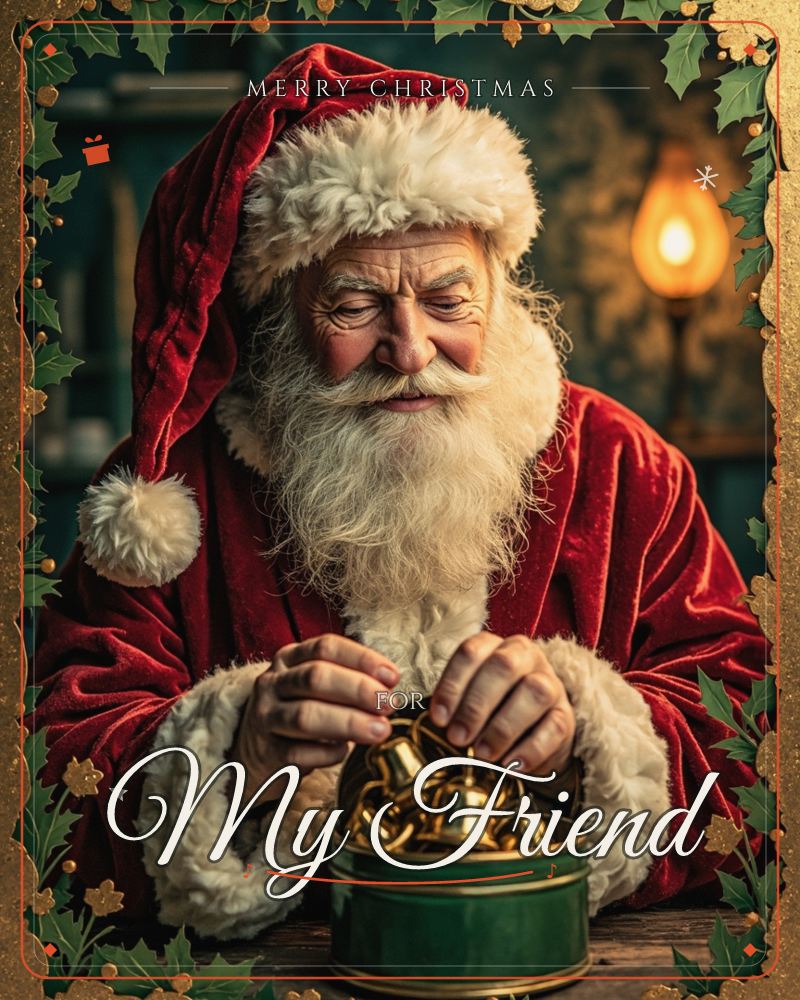 Santa Claus leans over a wooden table, gently sorting a cluster of small golden bells inside an open green tin box, a christmas e-card design