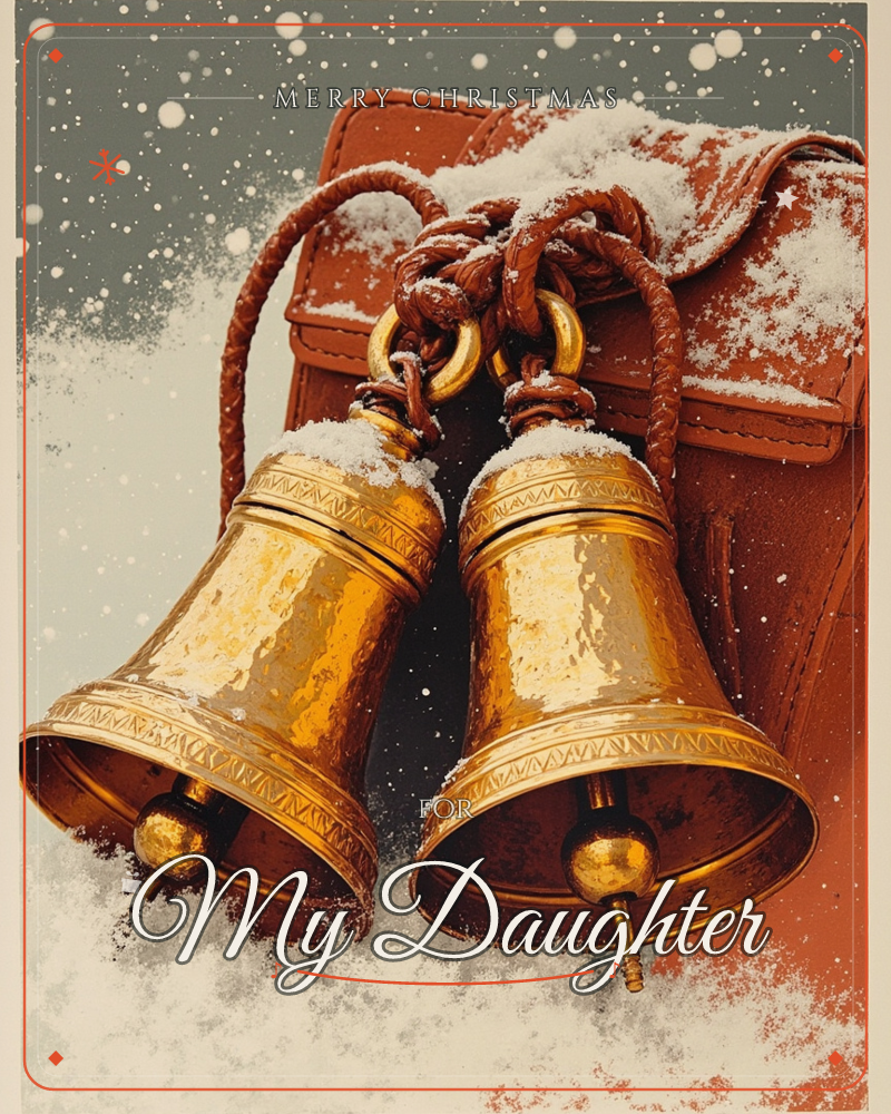 Two brass sleigh bells hang from a braided leather strap against a rust-red saddle bag, their engraved surfaces dusted with fresh snow, a christmas e-card design