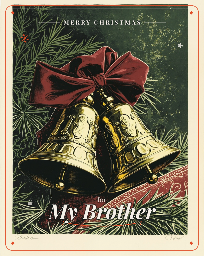 Two engraved brass bells hang tied together with a large burgundy velvet bow, nestled among sprigs of pine against a mottled dark green background, a christmas e-card design