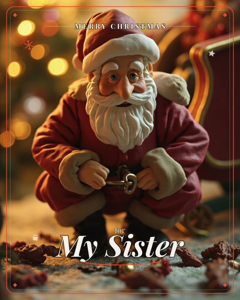 A sculpted Santa figure kneels beside an ornate red and gold sleigh, holding a small brass key in his mittened hands, a christmas e-card design