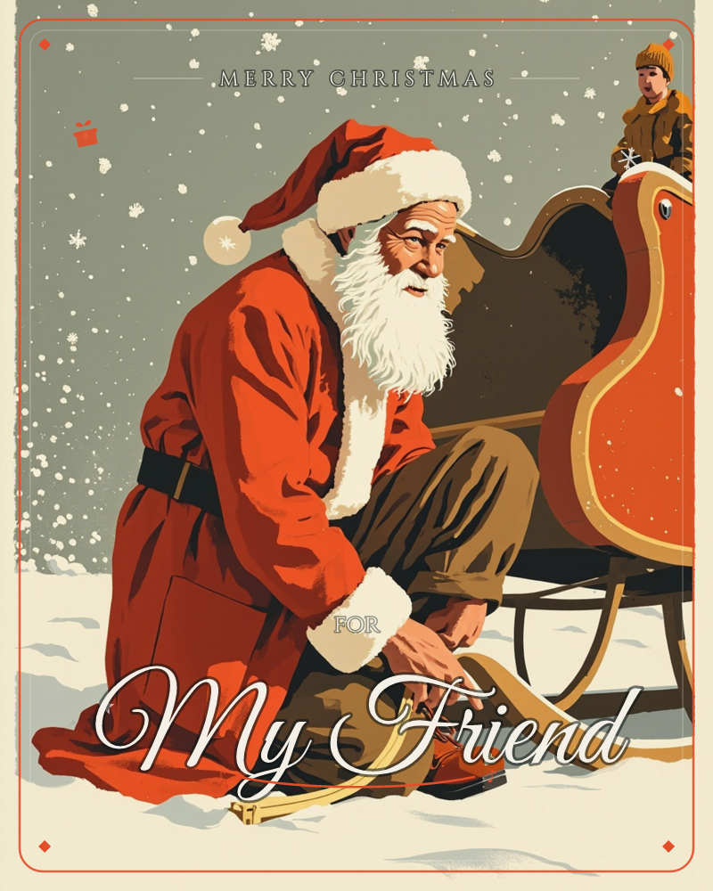 Santa kneels in fresh snow beside his wooden sleigh, gripping its curved runner as snowflakes drift down through a grey-green sky, a christmas e-card design