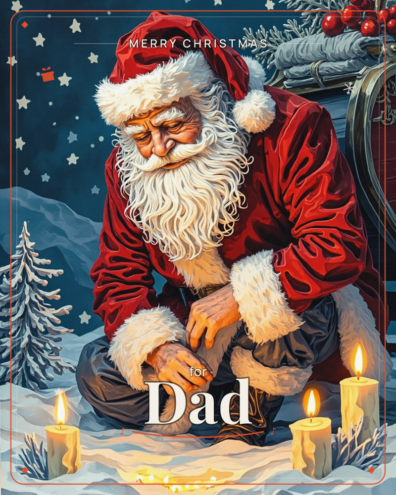 Santa Claus kneels quietly in the snow beside his sleigh, head bowed as candlelight flickers around him under a star-scattered night sky, a christmas e-card design