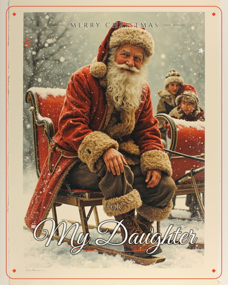 Santa sits perched on the edge of a red wooden sleigh, pulling on his boot as snow falls thickly around him, his fur-trimmed coat and long white beard…, a christmas e-card design