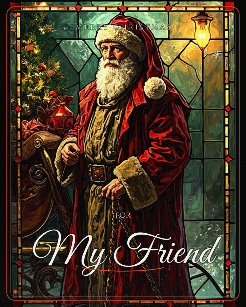 A stained-glass style panel shows a stately, old-world Santa in a deep red fur-trimmed robe, standing beside a laden sleigh and a glowing hanging lantern, a christmas e-card design