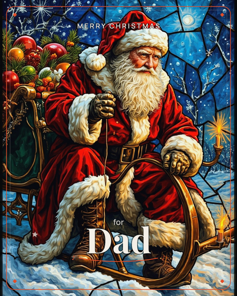 Santa Claus sits perched on the edge of his sleigh, gripping the reins, his red velvet coat and thick white fur trim rendered in bold…, a christmas e-card design